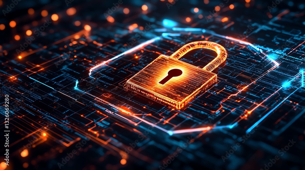 Poster data encryption and safety concept with a padlock inside a glowing shield, set against a dark digita