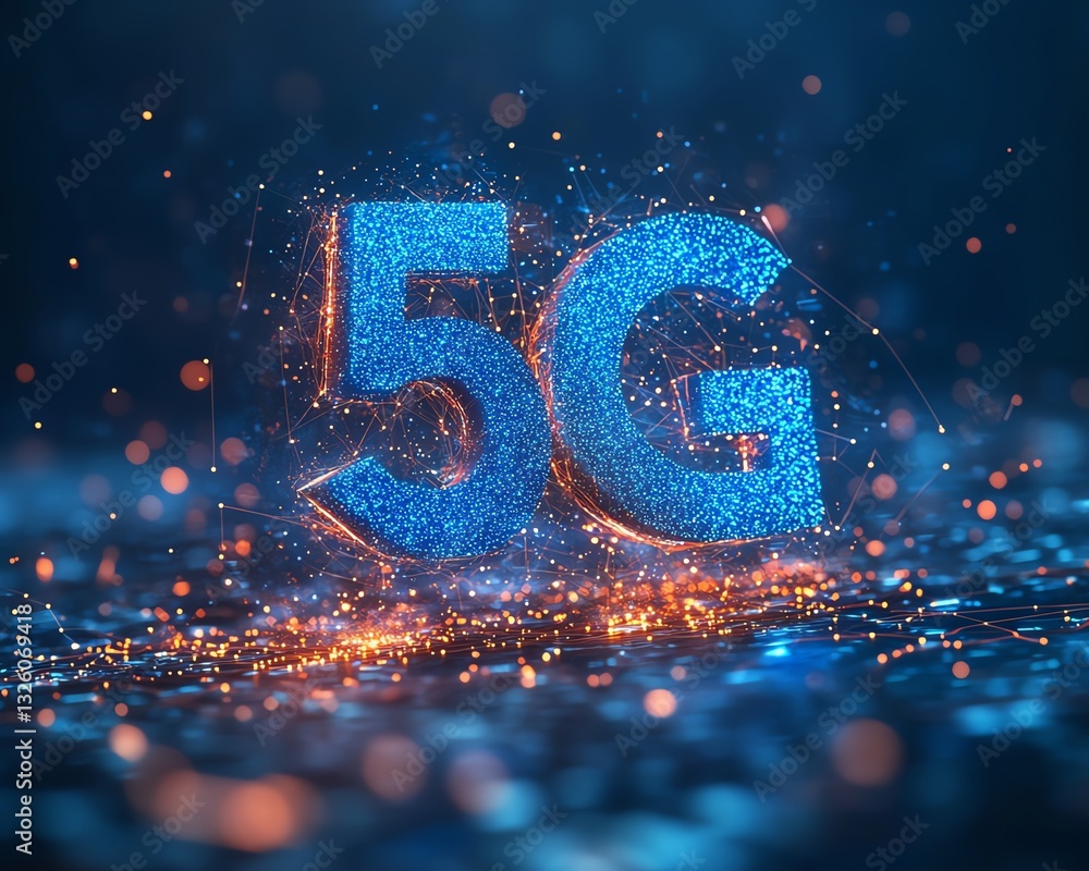 Poster futuristic 5g network concept with glowing blue text, interconnected digital lines, set against a da
