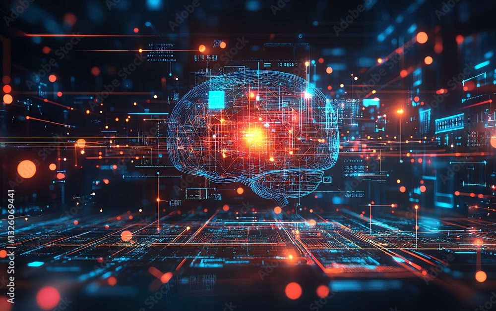 Fototapete Futuristic brain hologram with data visualization, glowing neon lines, and digital technology background, representing advanced AI and neural networks in 3D rendering