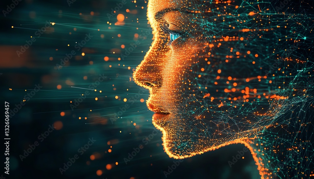 Leinwandbilder Futuristic brain hologram with flowing data lines, digital connections, and data visualization on a techdriven background, showcasing AIpowered technology in 3D