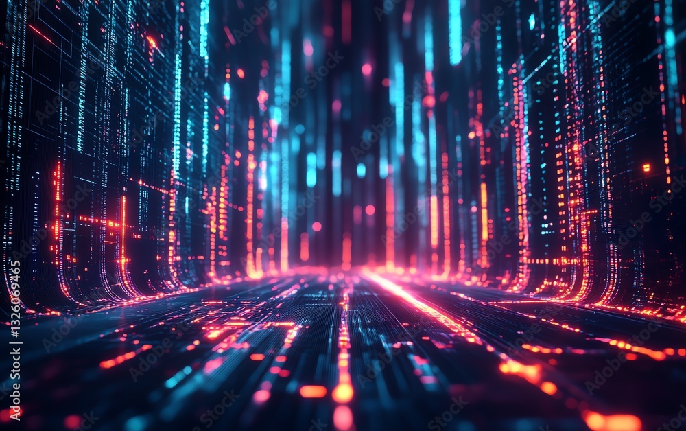 Aufkleber Futuristic brain hologram with data visualization, glowing neon lines, and digital technology background, representing advanced AI and neural networks in 3D rendering