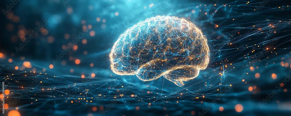 Aufkleber Futuristic digital brain hologram with glowing data streams and intricate visualizations on a techinspired background, symbolizing AI and machine learning advancements