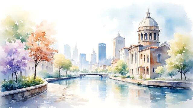 Watercolor Cityscape: Canal, Dome Building, and Spring Trees - Powered by Adobe