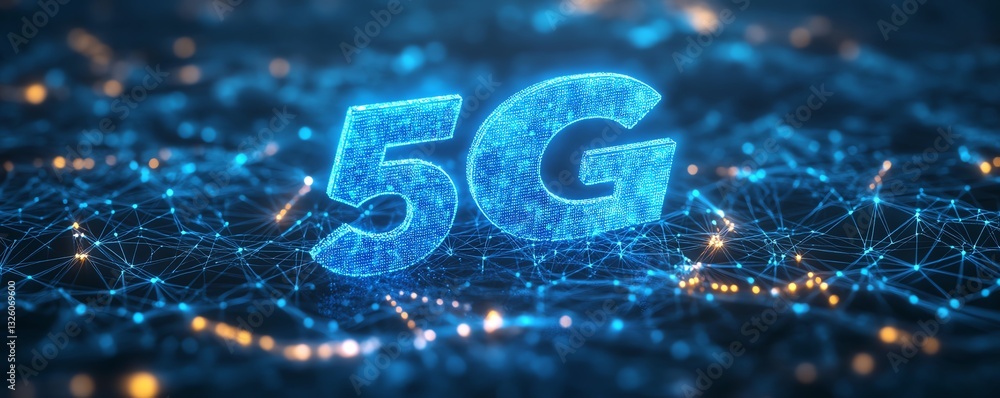 Poster Hightech 5G network concept with luminous blue text, connected digital lines, and a futuristic dark backdrop, emphasizing seamless communication and fast data transfer