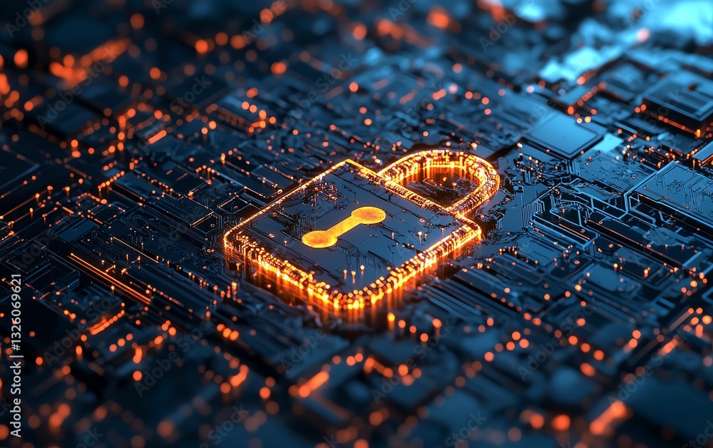 Aufkleber Information privacy and data security with a glowing digital padlock embedded in a protective shield, set against a dark abstract background with digital circuits