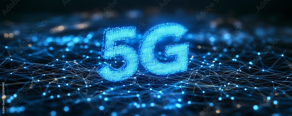 Poster Hightech 5G network concept with luminous blue text, connected digital lines, and a futuristic dark backdrop, emphasizing seamless communication and fast data transfer
