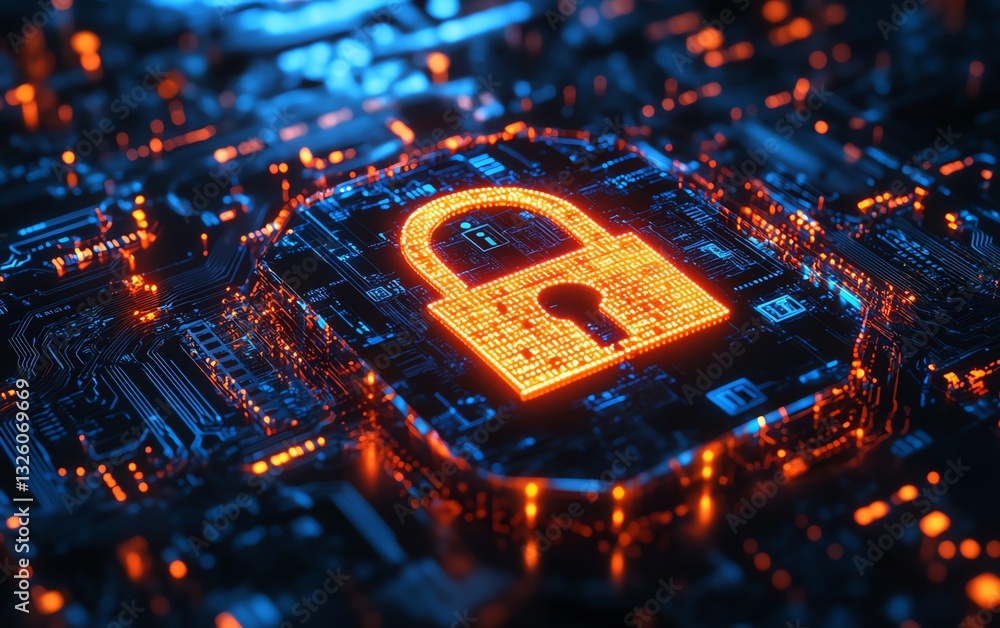 Poster Information privacy and data security with a glowing digital padlock embedded in a protective shield, set against a dark abstract background with digital circuits