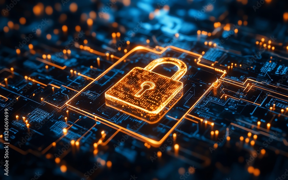 Aufkleber Information privacy and data security with a glowing digital padlock embedded in a protective shield, set against a dark abstract background with digital circuits