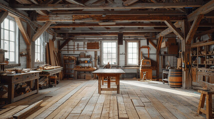 Fototapeta premium A rustic barn converted into a woodworking studio, filled with the rich scent of freshly cut wood. Large wooden beams support the ceiling as a craftsman sands down a custom-made dining table.