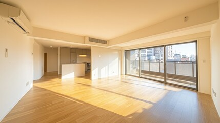Empty modern apartment interior, sunlight through windows, city view