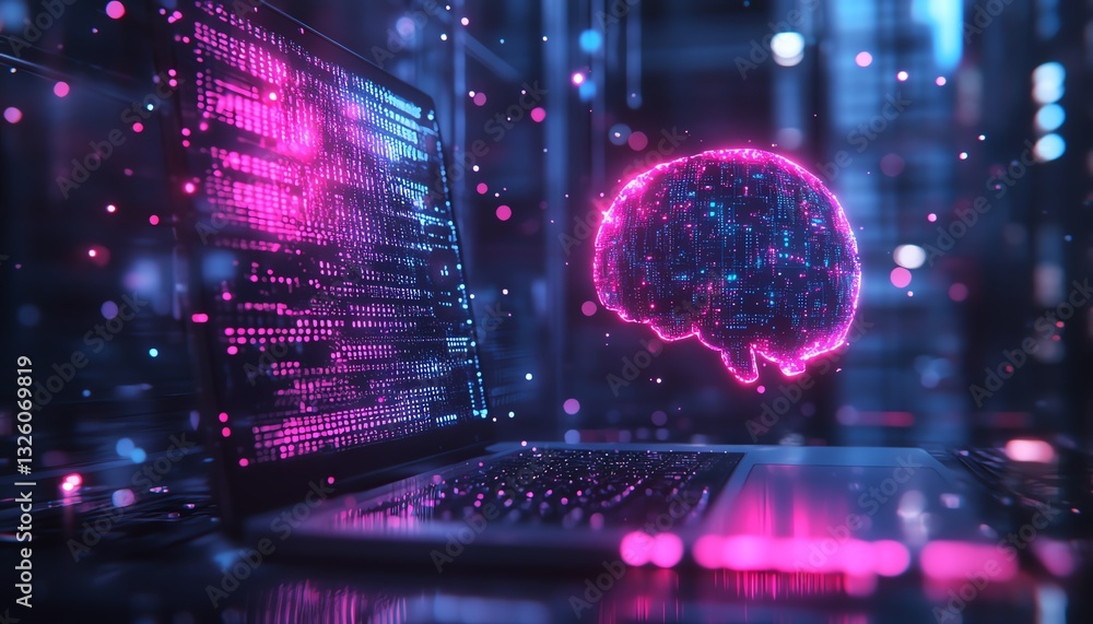 Poster Office desktop closeup with a laptop, glowing AI hologram, and binary code on a blurred background, showcasing technology, artificial intelligence, and digital programming