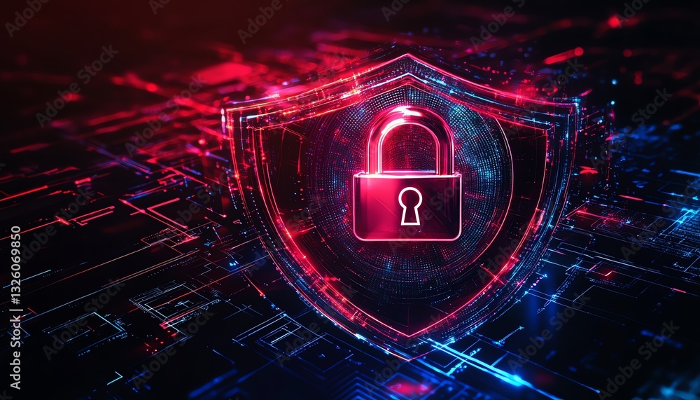 Poster safety protection and information privacy concept with digital padlock in shield on abstract dark ba
