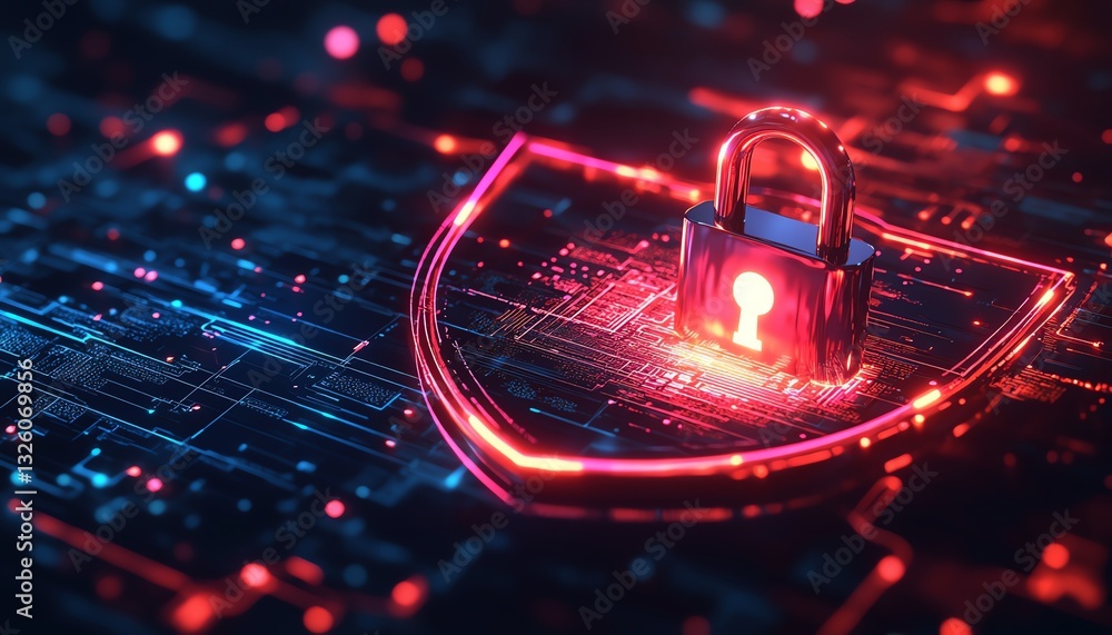 Poster safety protection and information privacy concept with digital padlock in shield on abstract dark ba