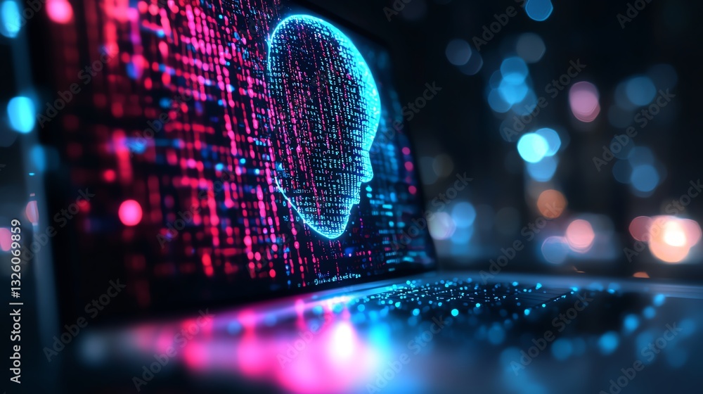 Poster office desktop closeup with a laptop, glowing ai hologram, and binary code on a blurred background, 