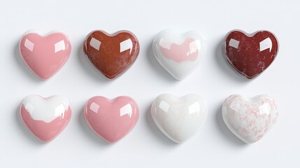 Eight Glossy Speckled Hearts in Pink Brown and White on White Background