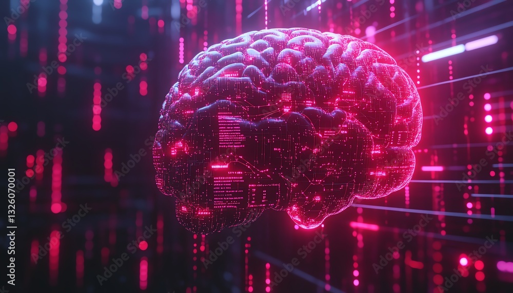 Aufkleber 3D holographic brain with data visualization and glowing neural connections on a technologythemed background, symbolizing advanced cognitive computing and AI