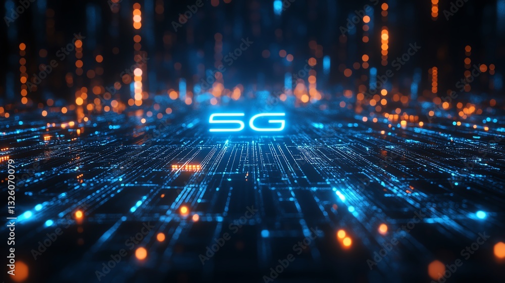 Poster 3d rendered 5g digital network, with glowing blue text, connected lines, and a dark, futuristic digi