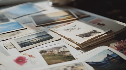 A collection of vintage postcards and letters on a white surface, providing room for text. picture