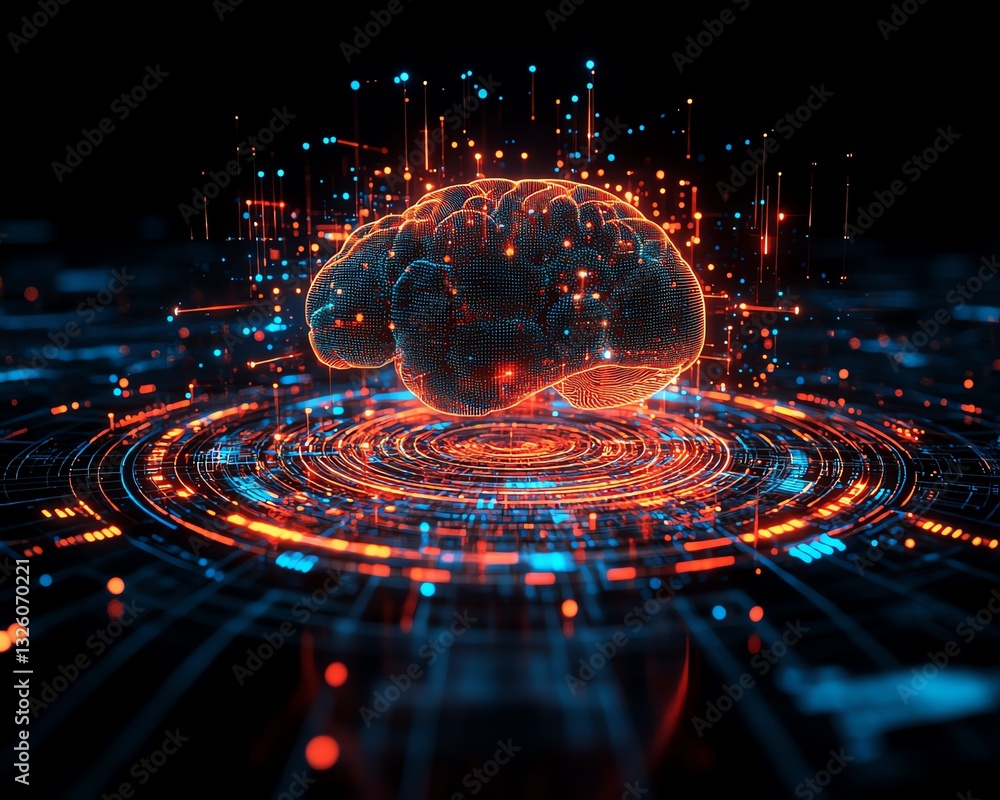 Poster 3D rendered hologram of a brain with dynamic data visualization, set against a futuristic technology background, highlighting artificial intelligence and neural connectivity