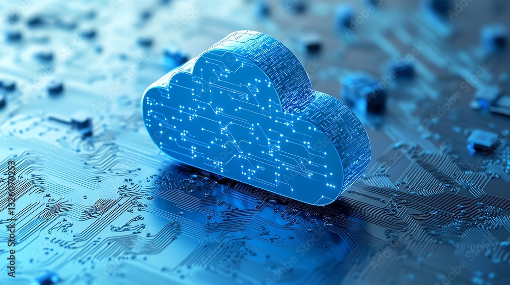 Poster 3D rendered blue cloud computing icon with circuit patterns, placed on a light blue background, symbolizing digital infrastructure and networked technology