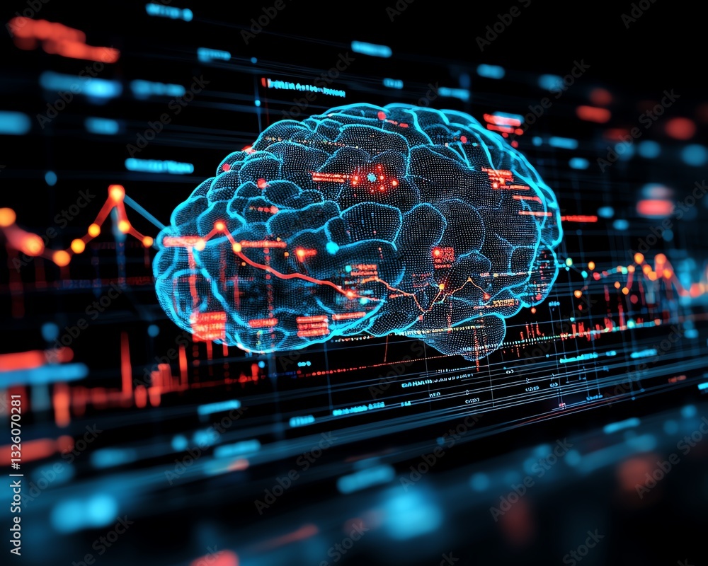Poster 3D rendered hologram of a brain with dynamic data visualization, set against a futuristic technology background, highlighting artificial intelligence and neural connectivity