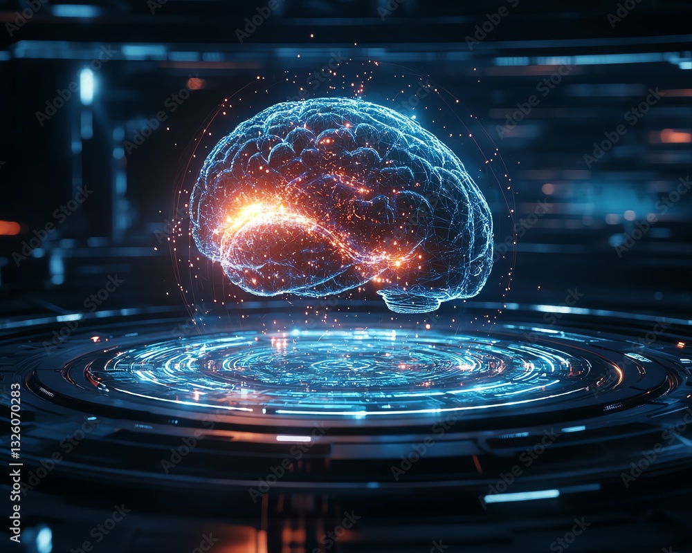 Aufkleber 3D rendered hologram of a brain with dynamic data visualization, set against a futuristic technology background, highlighting artificial intelligence and neural connectivity