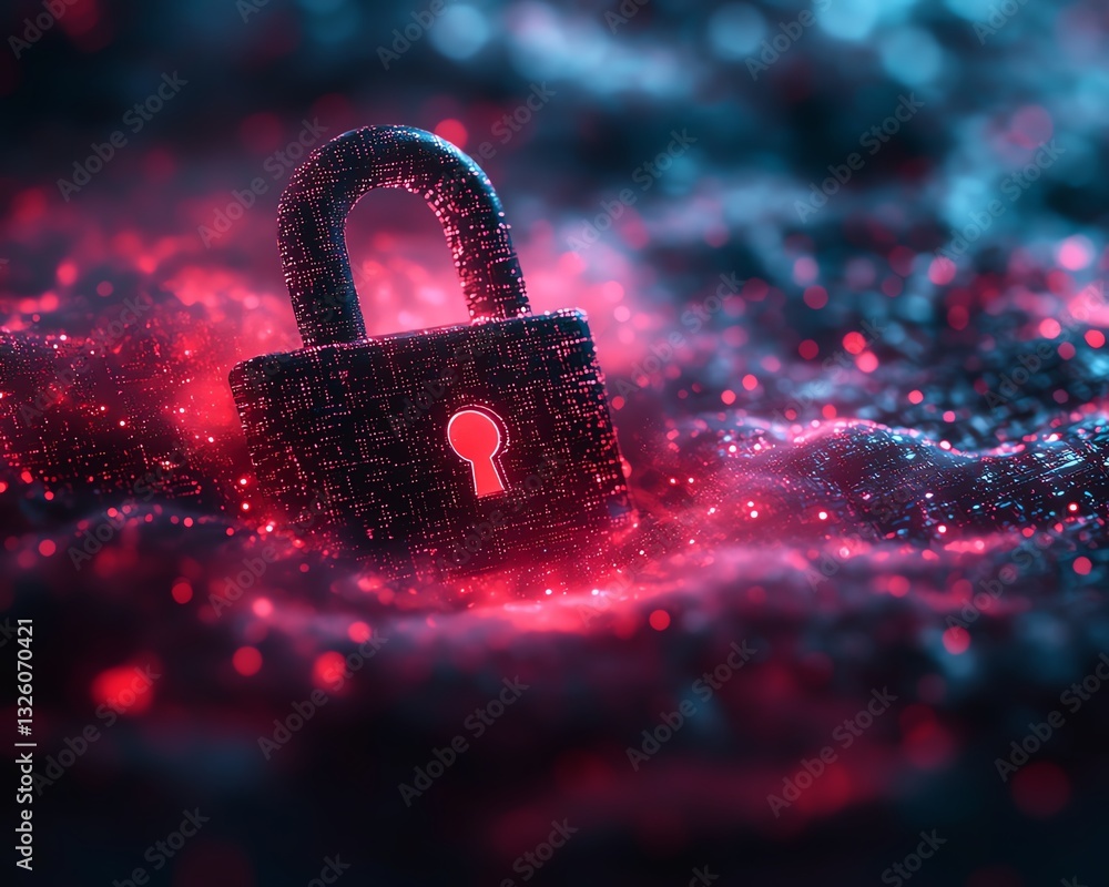 Poster 3D rendering of a digital padlock and shield symbolizing data protection, surrounded by a digital fog, with a hightech abstract dark background for security