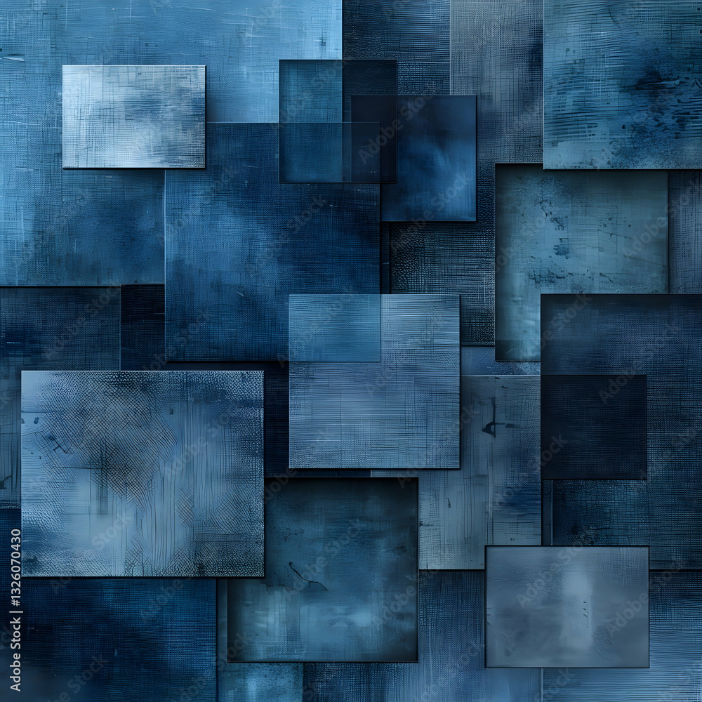 Poster a modern abstract artwork with layered blue cubes, creating a three-dimensional and structured aesth
