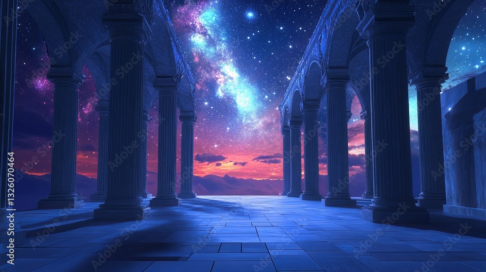 Wall mural a celestial sanctuary with glowing pillars and a starry sky visible through open arches digital