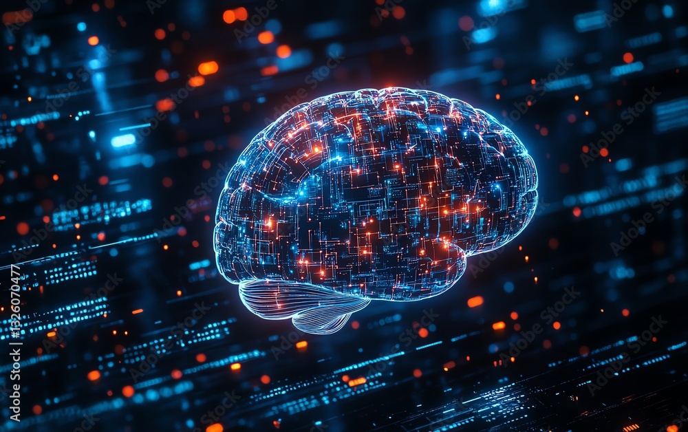 Aufkleber advanced digital brain hologram with interactive data visualization, glowing circuits, and a futuris