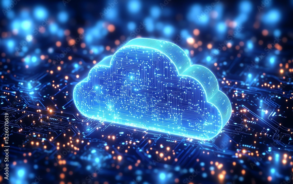 Poster Blue cloud computing icon with circuit design on a light blue background, 3D rendering, symbolizing advanced technology and digital infrastructure