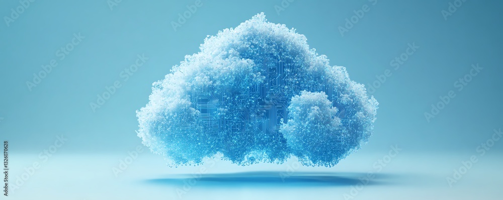 Poster blue cloud computing icon with intricate circuit design, 3d rendered against a light blue background