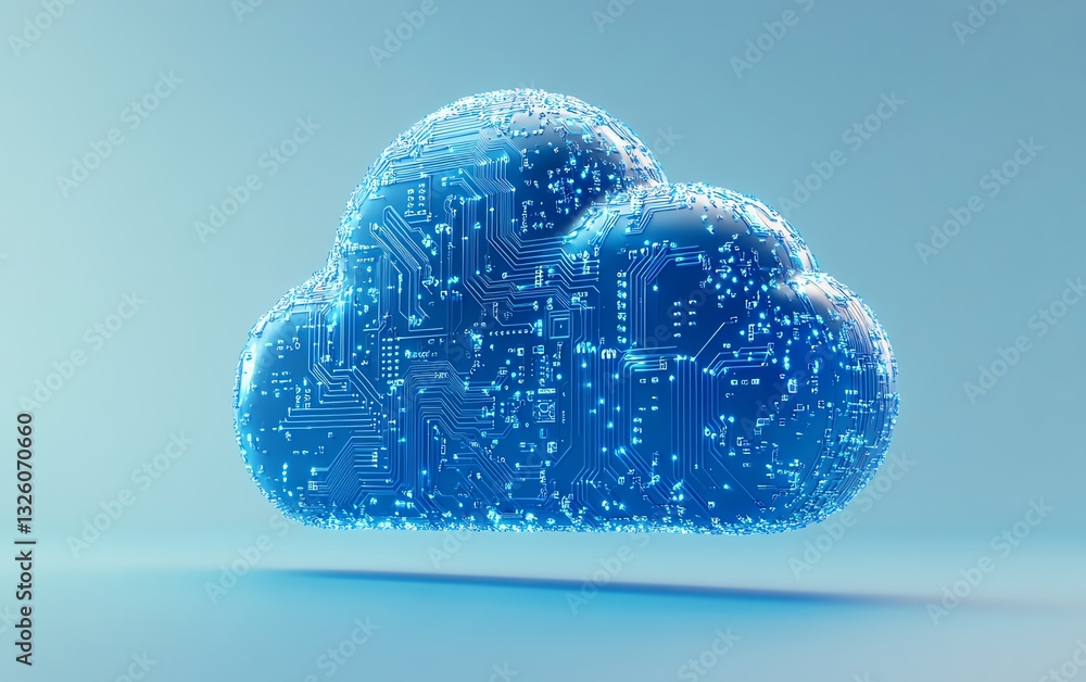 Poster Blue cloud computing icon with circuit design on a light blue background, 3D rendering, symbolizing advanced technology and digital infrastructure