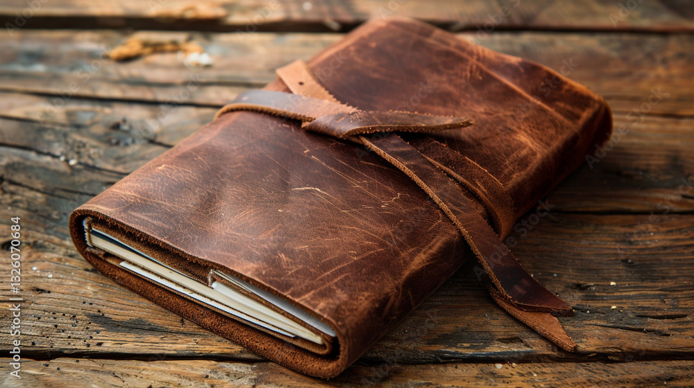 Poster a rustic leather journal with a wrap-around strap resting on an aged wooden table, with an open area