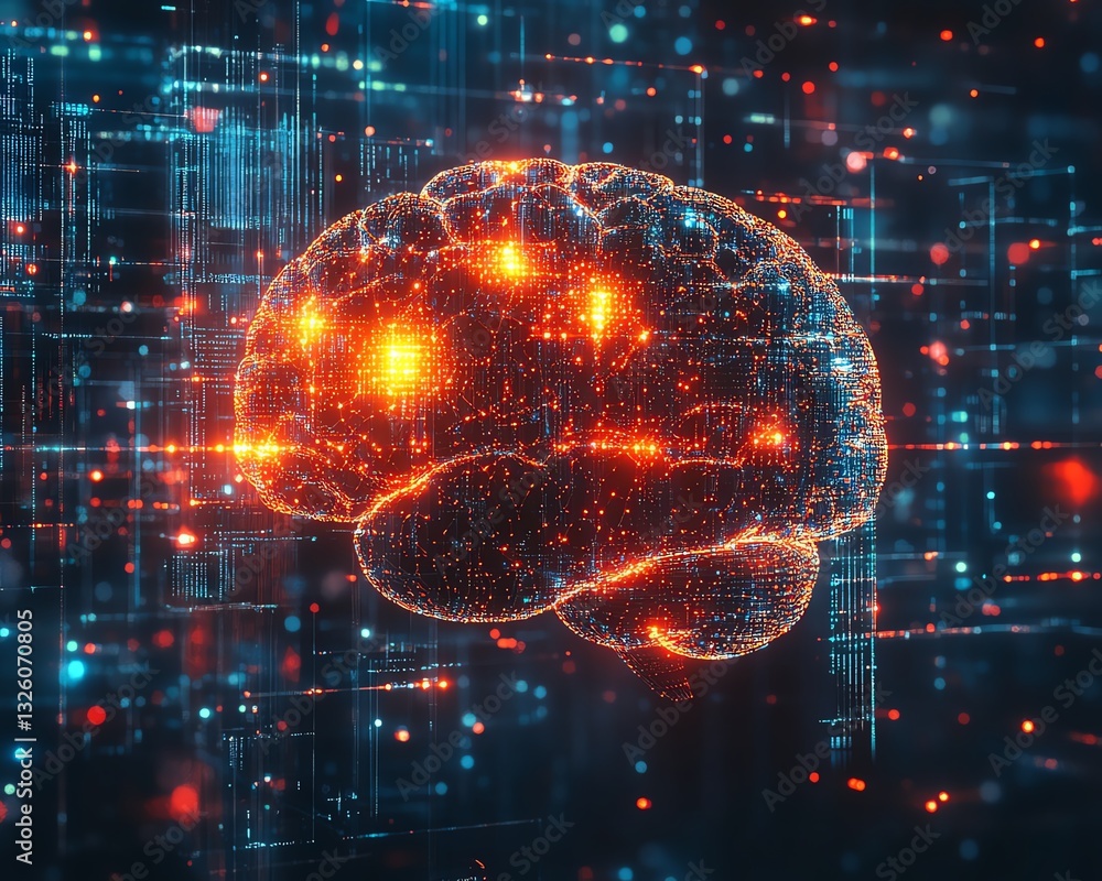 Aufkleber Brain hologram with dynamic data visualization and glowing connections, set against a hightech digital background, symbolizing futuristic AI and neural science