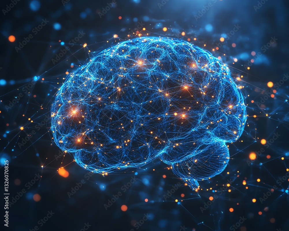 Aufkleber Brain hologram with dynamic data visualization and glowing connections, set against a hightech digital background, symbolizing futuristic AI and neural science