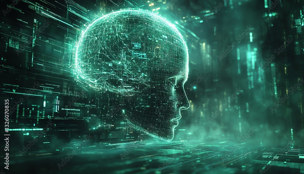 Aufkleber Brain hologram with futuristic data visualization on a technology background, glowing lines representing neural networks, and advanced digital elements in 3D rendering