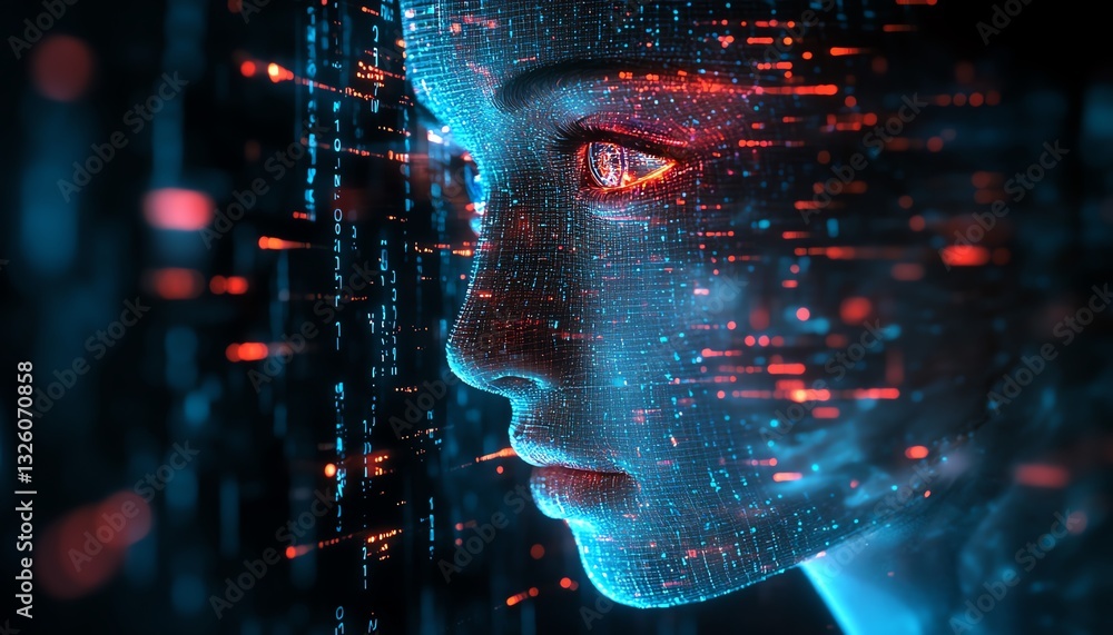 Leinwandbilder Brain hologram with futuristic data visualization on a technology background, glowing lines representing neural networks, and advanced digital elements in 3D rendering