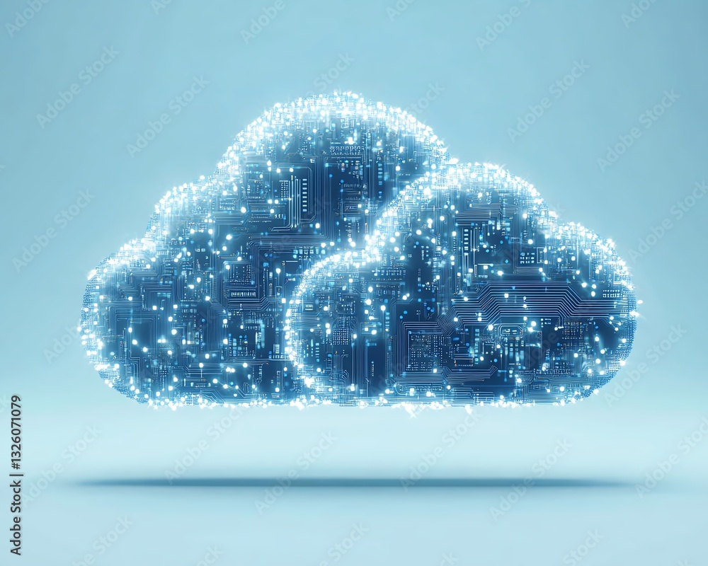 Poster Cloud computing concept with a blue icon and circuit design, 3D rendering on a light blue background, illustrating modern digital solutions and connectivity