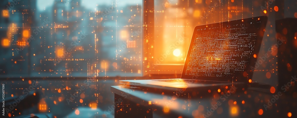 Poster closeup of office desktop with laptop, glowing blurry ai hologram, and binary coding on a blurry bac
