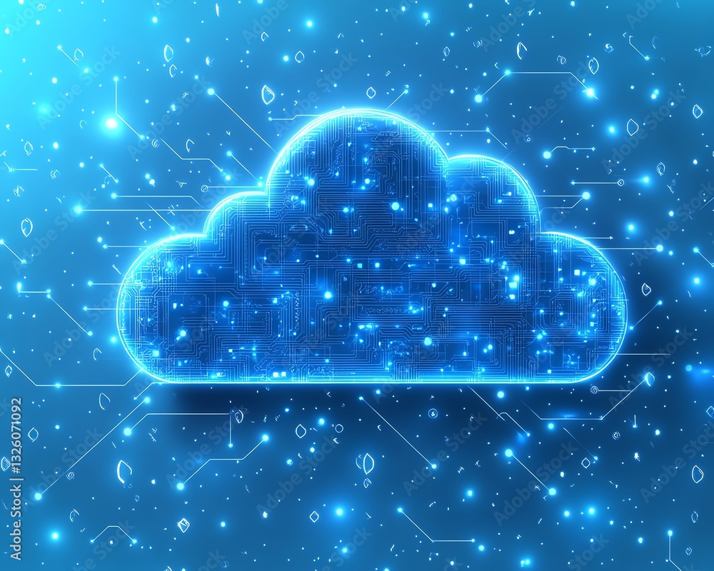 Poster Cloud computing concept with a blue icon and circuit design, 3D rendering on a light blue background, illustrating modern digital solutions and connectivity