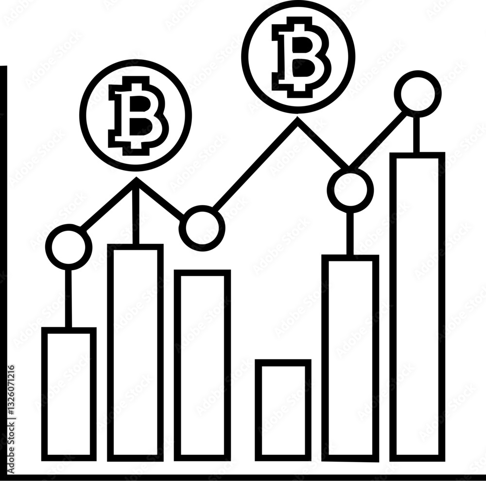Poster graph illustrating bitcoin trends with bars and circles for data representation.
