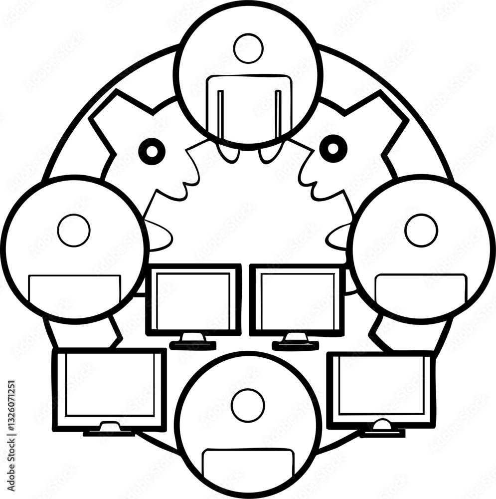 Poster collaboration concept with circular design featuring people and computers.
