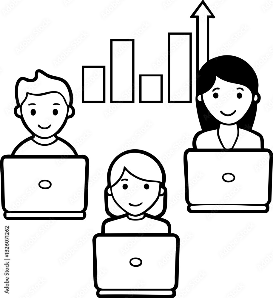 Poster three people working on laptops with a graph showing growth in the background.