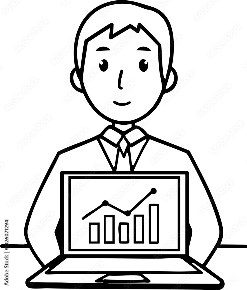 Poster a professional holding a laptop displaying a bar graph in a business setting.