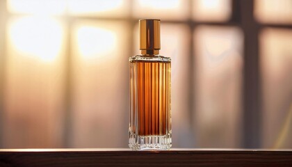 Naklejka premium Elegant Blank Perfume Bottle Mockup with Brown Liquid in a Warm Temperature and Natural Daylight