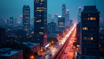 Obraz premium Impressive view of illuminated tall buildings in bustling city center, night, downtown, metropolis