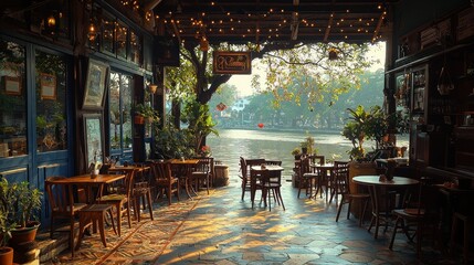 Vietnamese cafe patio overlooking river at dawn