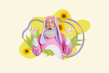 Composite photo collage of happy grandfather wear bunny costume collect easter egg colorful sunflower isolated on painted background
