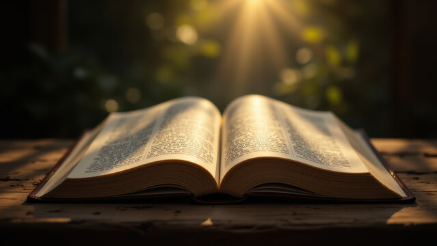 An open Bible with a sunburst effect behind it, symbolizing knowledge and inspiration.